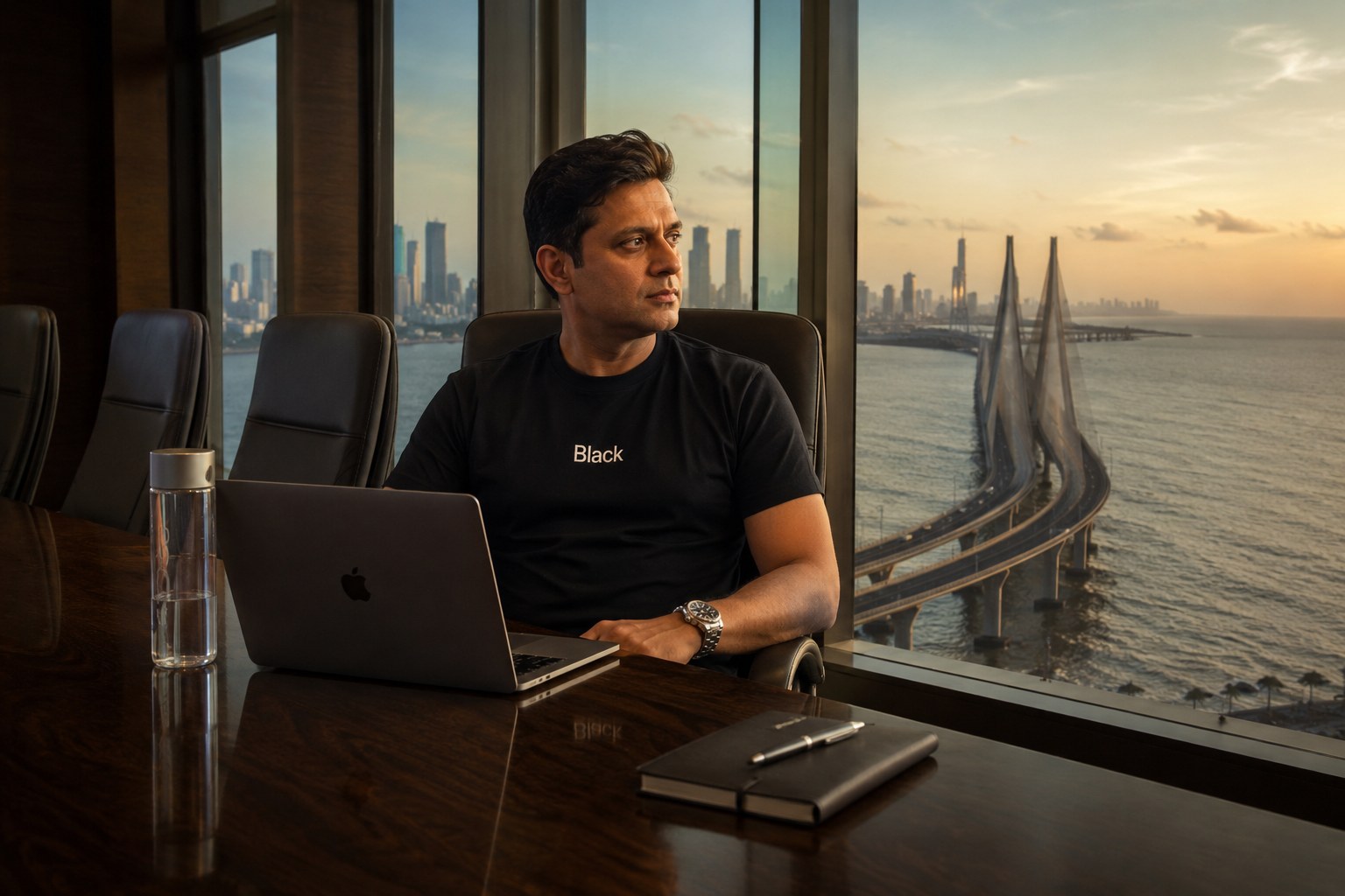 Man in Black tee at a boardroom table overlooking the sea