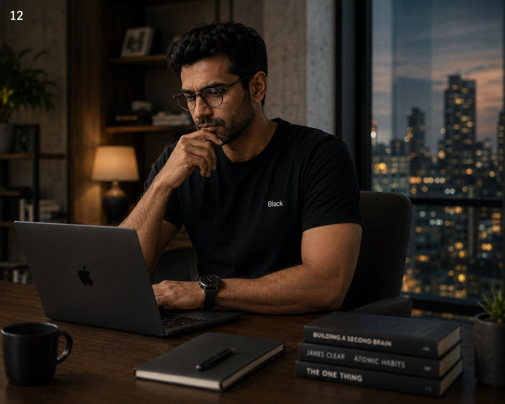 Man in Black tee working at a desk at night with city skyline