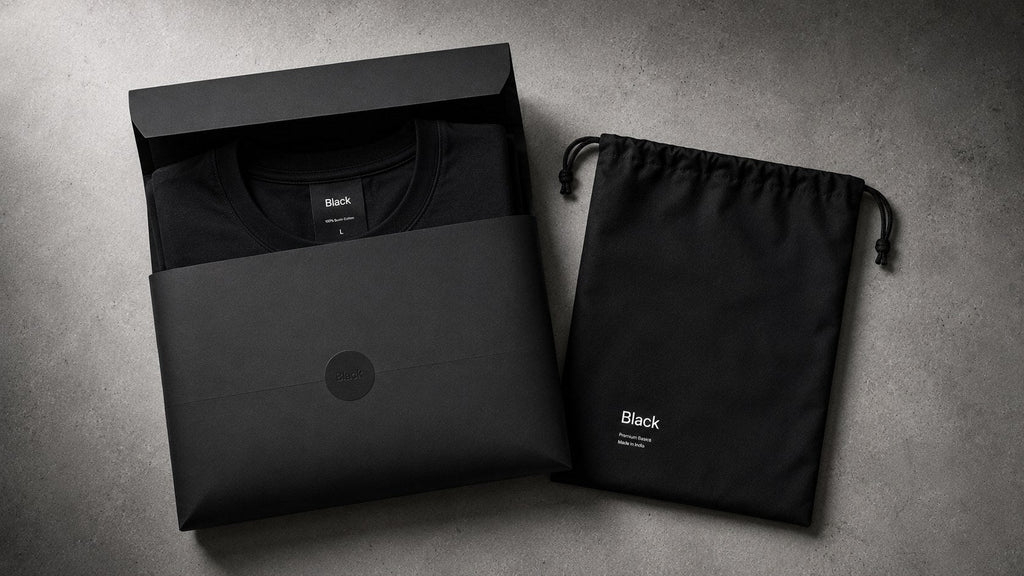 Open Black gift box with folded tee and dust bag