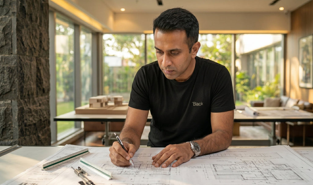 Man wearing the Black tee working at a studio desk