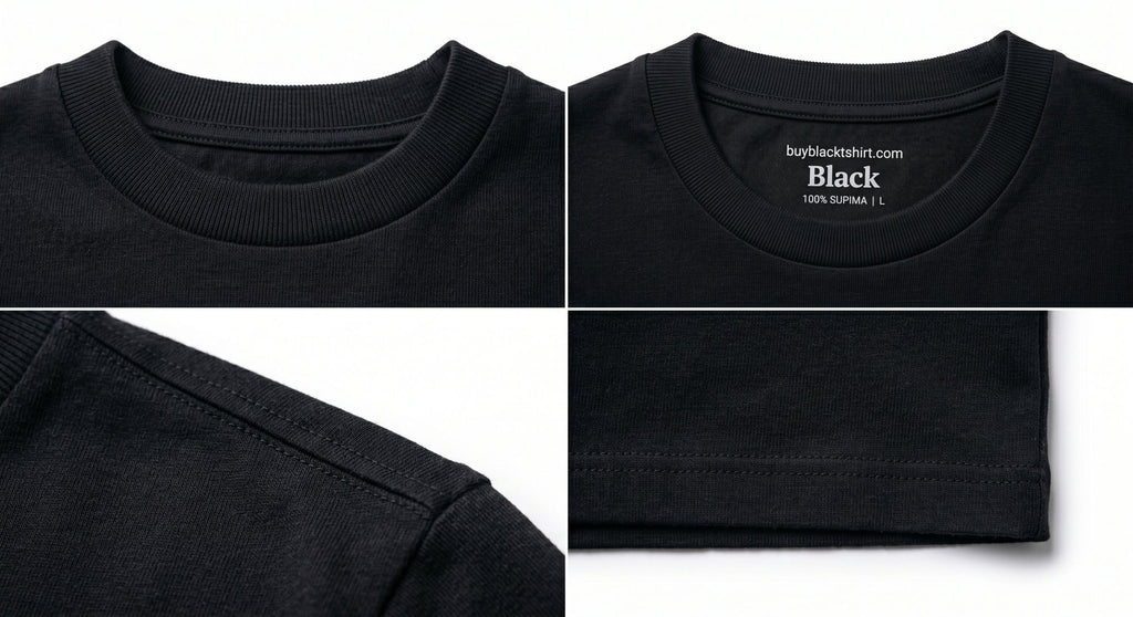 Detail shots of collar, woven neck label, sleeve and hem stitching
