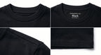 Detail shots of collar, woven neck label, sleeve and hem stitching