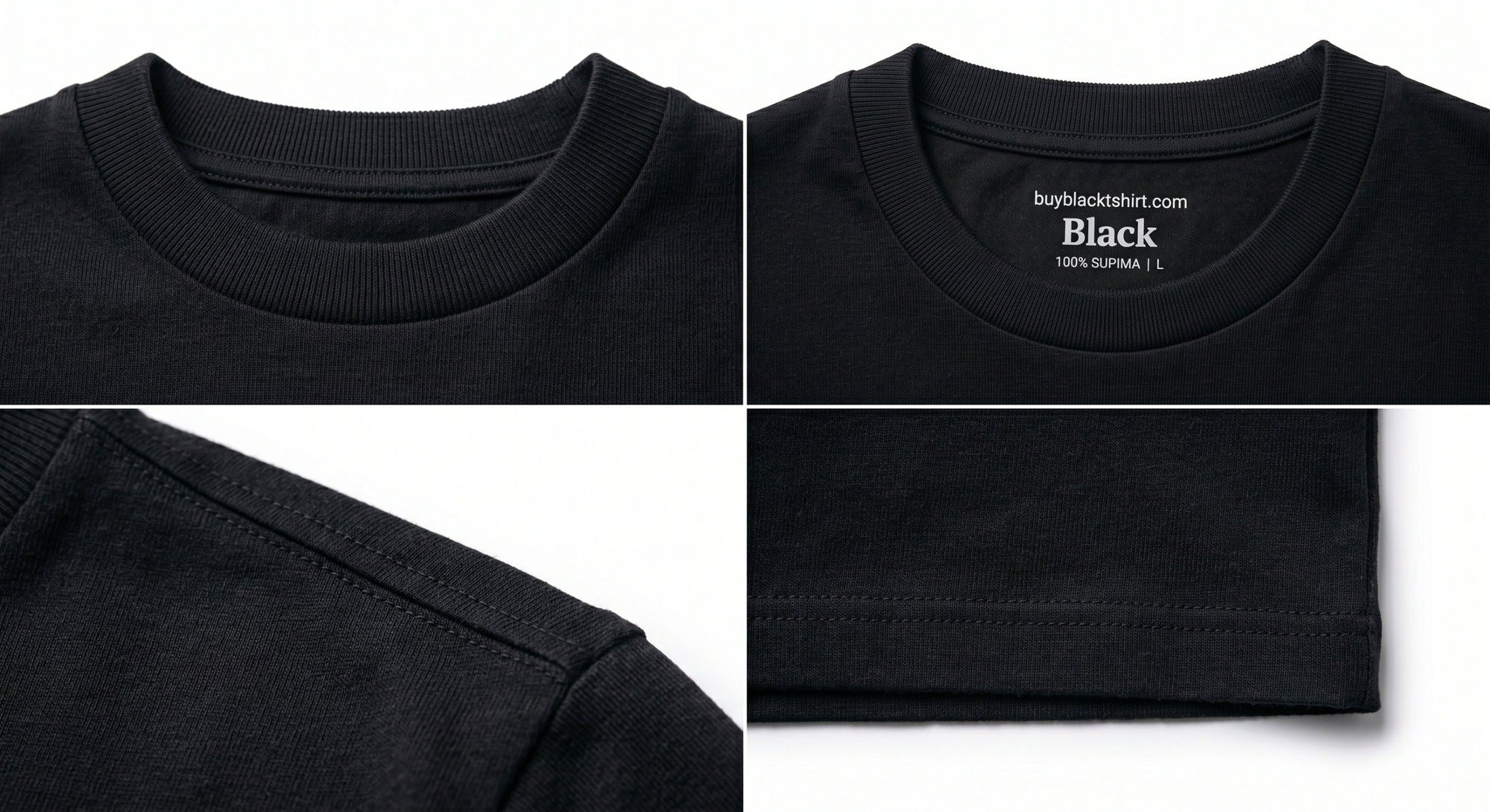 Detail shots of collar, woven neck label, sleeve and hem stitching