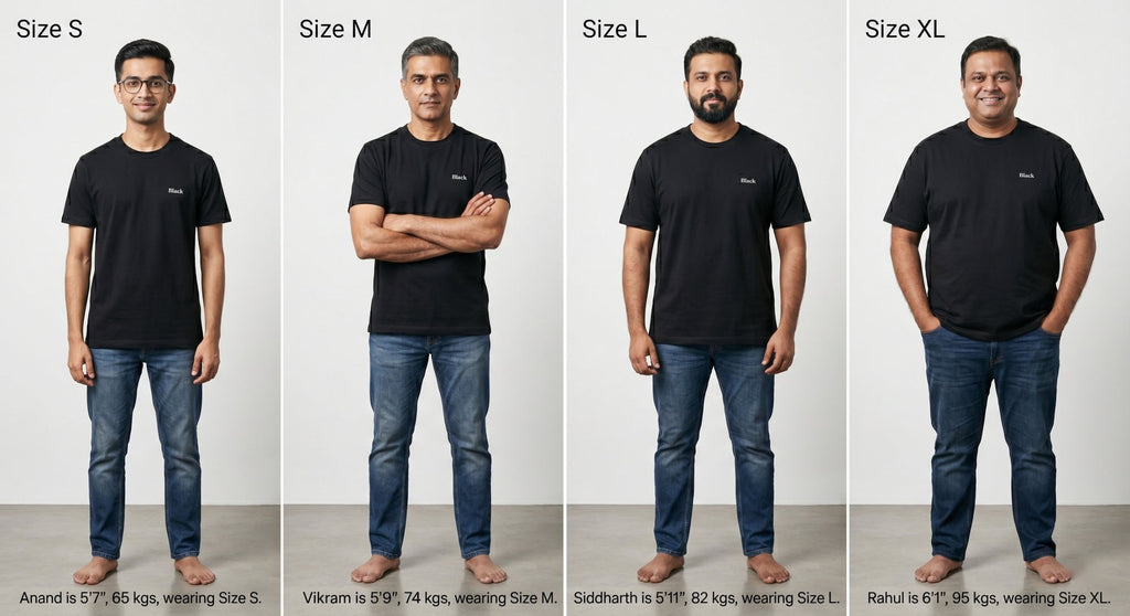 Black tee size guide on models, S to XL with heights and weights