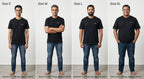 Black tee size guide on models, S to XL with heights and weights