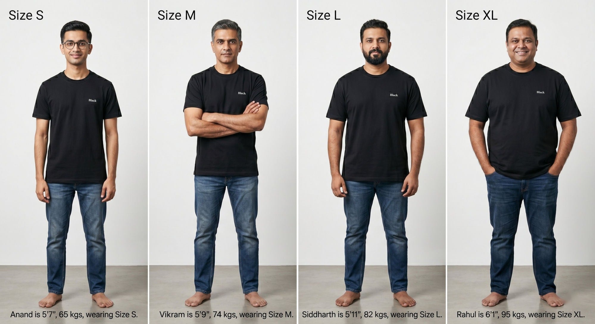 Black tee size guide on models, S to XL with heights and weights
