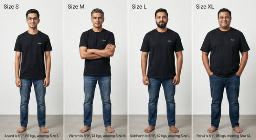 Black tee size guide on models, S to XL with heights and weights